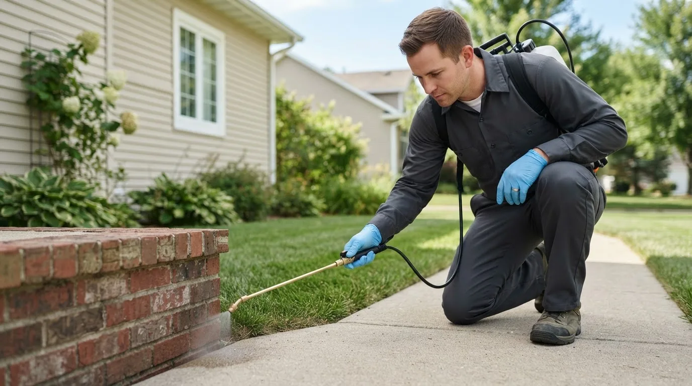 Pest control technician treating a home near Webster, MA